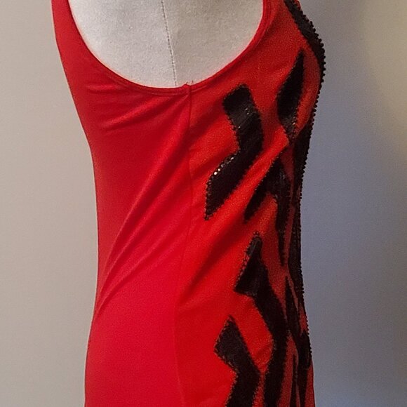 BOGO 50% EXPRESS Y2K Women's XS Red Tank Top Black Beaded Abstract Geo Design - Picture 2 of 6